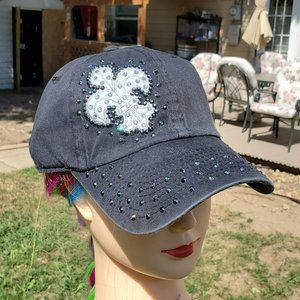 Ladies Black Fleur De Lis BLING Hat NEW